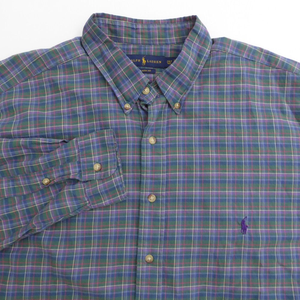 Ralph Lauren Mens Casual Button Down Shirt Green Plaid Pony Classic Fit 2XLT